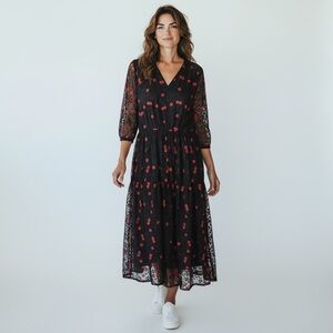 Zara Black Midi Dress with Red Floral Pattern